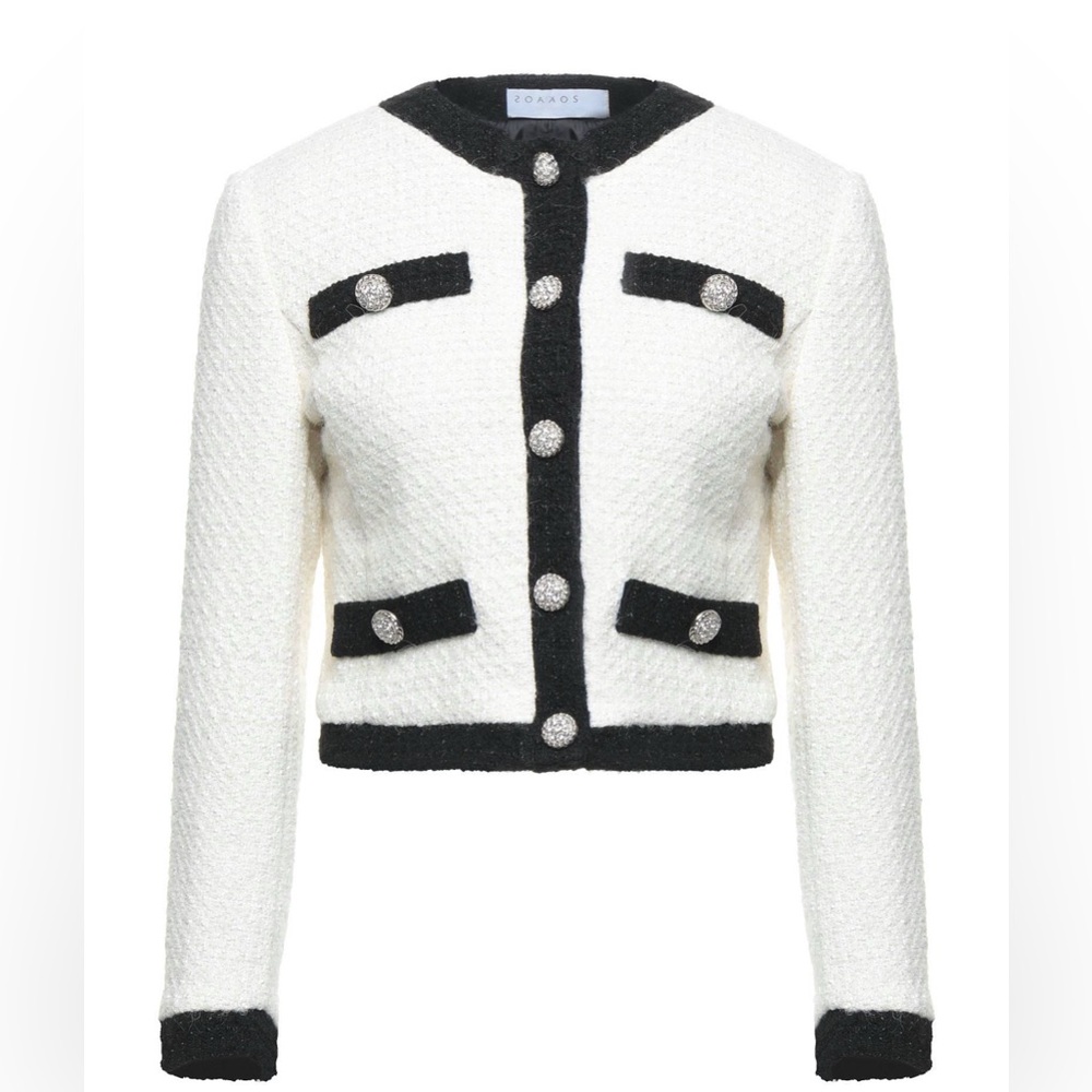 KAOS Made in Italy Black & White Tweed Jacket Rhinestone Buttons Parisian Style